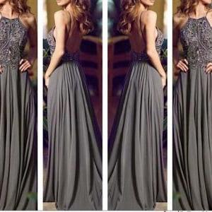 Gray Long Prom Dresses, Straps Prom Gowns,beaded..
