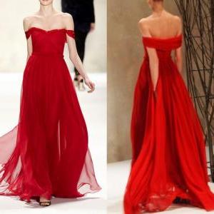 Red Off-the-shoulder Ruched Chiffon Long Prom..