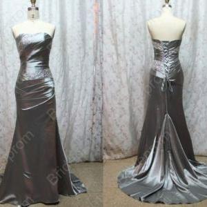 Silver Long Satin Mermaid Dress, Prom Gown,..
