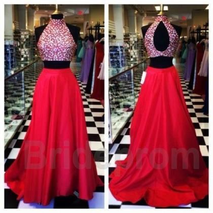 Sexy Red Two Piece Sets Prom Dresses Beades Long Evening Formal Party ...