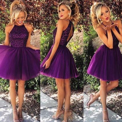 Custom Made Round Neck Short Purple Prom Dresses,..