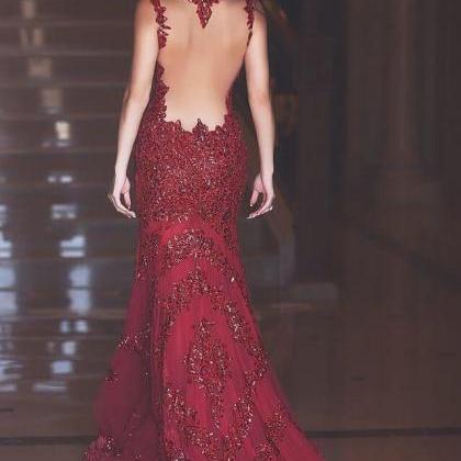 Elegant Mermaid Crytal Prom Dresses Sheer Illusion..