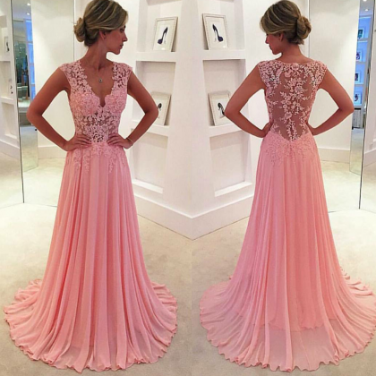 Pink Chiffon Prom Dresses Sheer Lace Applique Top..