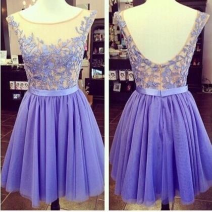 Lavender Lace Applique Backless Homecoming Dresses..