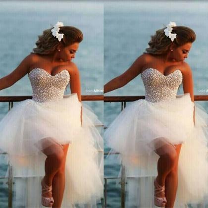 Beach Wedding Gowns Beading Pearls Hi Lo..