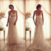  Handmade Beaded Wedding Dress, Lace Dress, Cap Sleeves Wedding Dress, Deep V-neck Back Lace Wedding Dresses