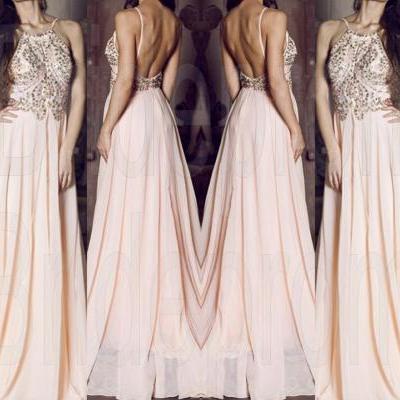 Pink Long Prom Dresses, Straps Prom Gowns,Beaded Evening Dresses, Backless Evening Gowns, Cocktail Dresses Custom
