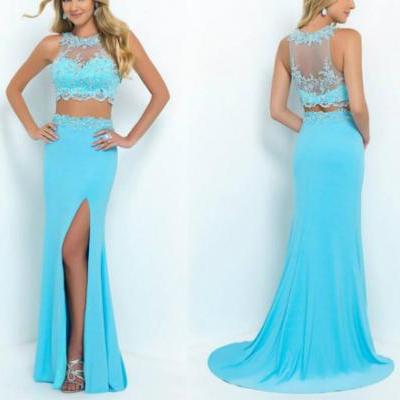 2015 custom made blue prom dress, two piece prom dress, charming prom dress, sleeveless prom dress , Floor-Length Prom Dresses,Prom Dresses