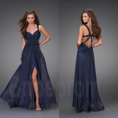 Straps Navy Blue V-neck Backless Prom Dresses Chiffon Party Evening Dress Custom Size 2 4 6 8 10 12 14 16 & Plus Size