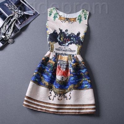 Short Retro Printing Patterns Women's Clothing Sleeveless Casual Dress YHD5-1 Size S M L XL
