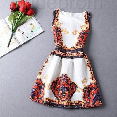 Short Retro Printing Patterns Women's Clothing Sleeveless Casual Dress YHD5-4 Size S M L XL