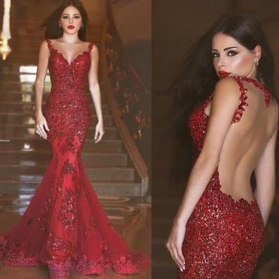 Elegant Mermaid Crytal Prom Dresses Sheer Illusion Back Court Train Evening Gowns