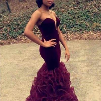 Burgundy Mermaid Prom Dresses Sweetheart Neck Ruffles Train Sexy Evening Gowns