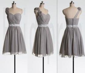 Gray Short Bridesmaid Dress Chiffon Dress One-shoulder Prom Dress Prom ...