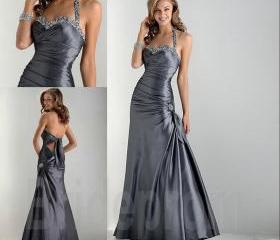 Gray Halter Backless Prom Dresses Satin Mermaid Dress Custom Size 2 4 6 ...