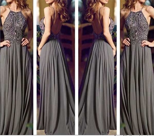 Gray Long Prom Dresses, Straps Prom Gowns,beaded Evening Dresses, Backless Evening Gowns, Cocktail Dresses Custom
