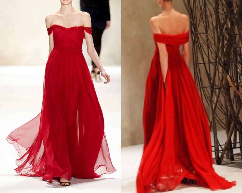 Red Off-the-shoulder Ruched Chiffon Long Prom Dress, Evening Dress