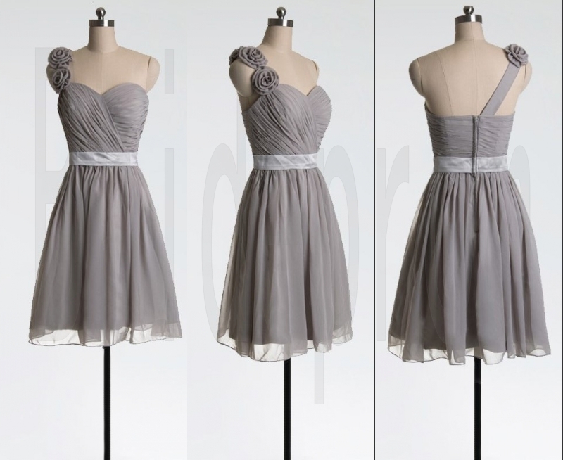 Gray Short Bridesmaid Dress Chiffon Dress One-shoulder Prom Dress Prom Gown Custom Size & Color