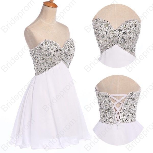 White Strapless Sweetheart Beaded Short Homecoming Dress, Cocktail Party Dress Featuring Lace-up Back