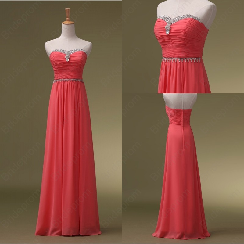 Strapless Sweetheart Ruched Beaded A-line Chiffon Floor-length Prom Dress, Evening Dress, Bridesmaid Dress
