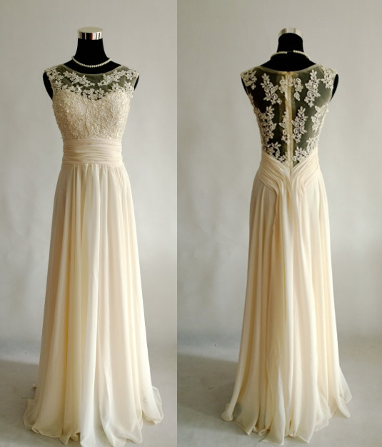 Sleeveless Sheer Lace Appliqués A-line Floor-length Prom Dress, Evening Dress Featuring Sheer Back