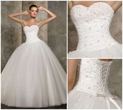Strapless Sweetheart Ruched Beaded Ball Gown Wedding Dress Featuring Lace-up Back