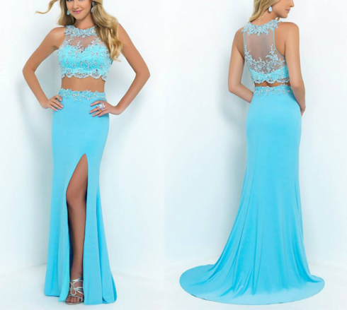 Two Piece Sets Blue Prom Dress, Two Piece Prom Dress, Charming Prom Dress, Sleeveless Prom Dress , Floor-length Prom Dresses,prom Dresses
