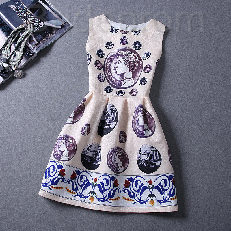 Short Retro Printing Patterns Women's Clothing Sleeveless Casual Dress Yhd3-4 Size S M L Xl