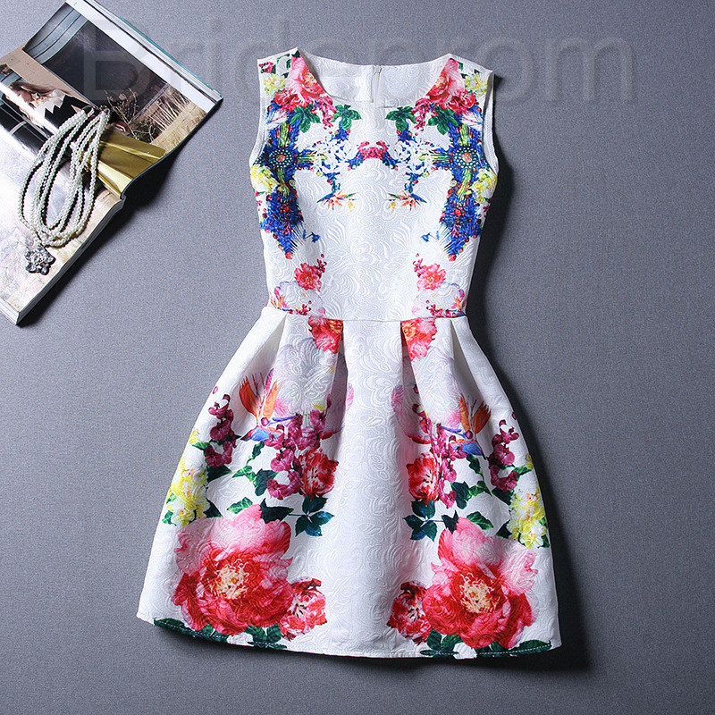 Short Retro Printing Patterns Women's Clothing Sleeveless Casual Dress Yhd3-10 Size S M L Xl