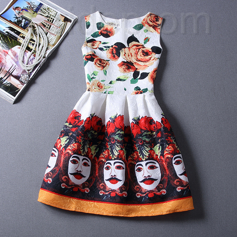 Short Retro Printing Patterns Women's Clothing Sleeveless Casual Dress Yhd3-16 Size S M L Xl