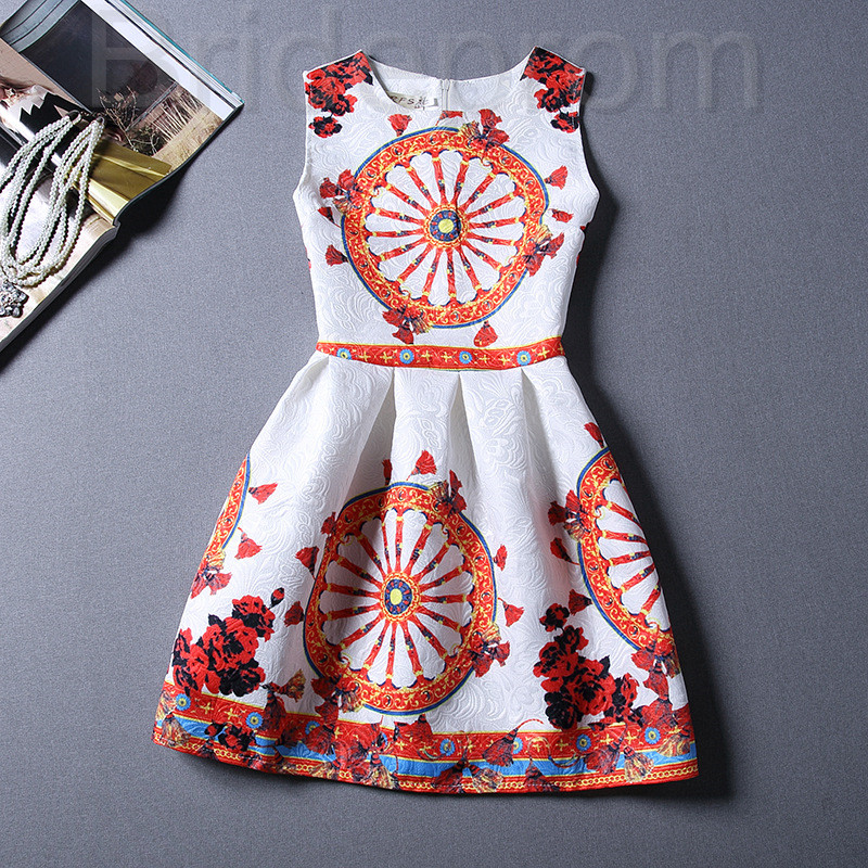 Short Retro Printing Patterns Women's Clothing Sleeveless Casual Dress Yhd2-6 Size S M L Xl