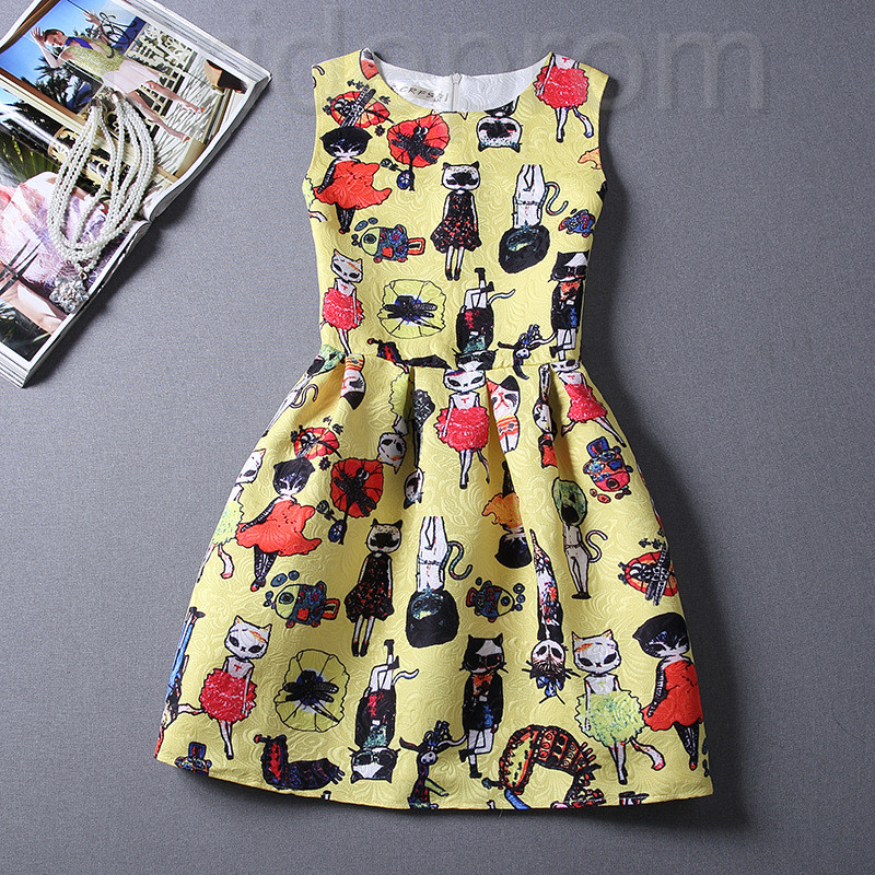 Short Retro Printing Patterns Women's Clothing Sleeveless Casual Dress Yhd2-10 Size S M L Xl