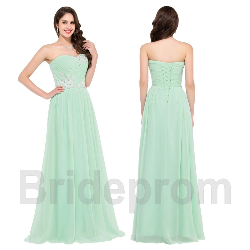 Mint Green Strapless Long Chiffon Evening Party Dresses With Appliques