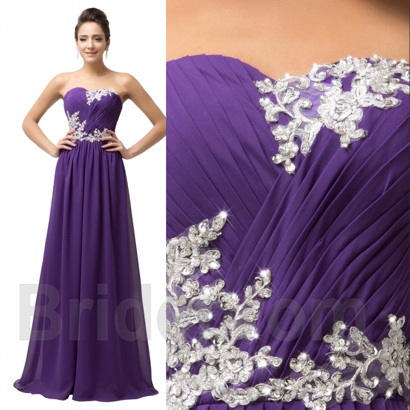 Classy Strapless Purple Chiffon Beaded Long Party Dress Evening Gown main image 1