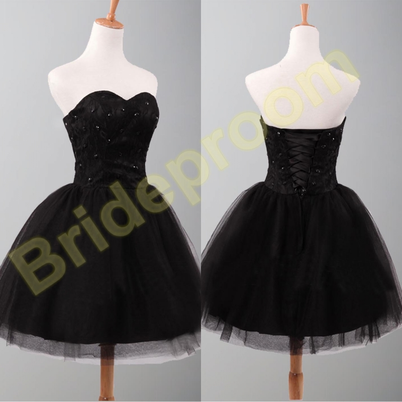Beaded Embellished Black Lace Sweetheart Short Tulle Homecoming Dress Featuring Lace-up Back, Little Black Dress