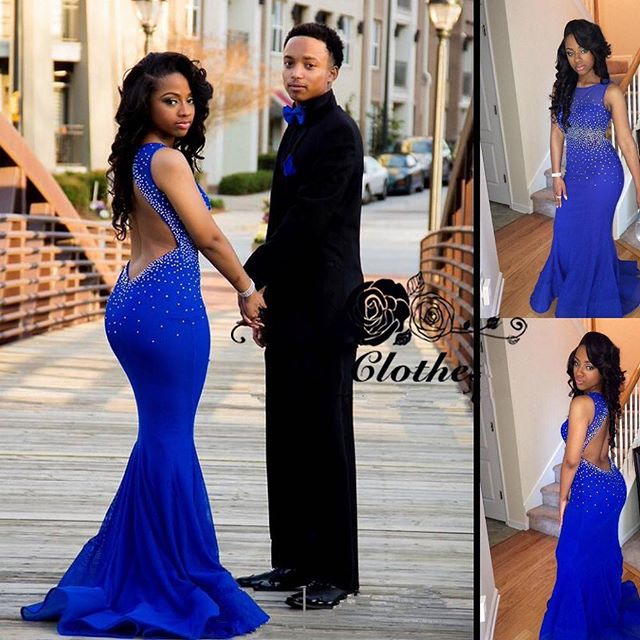 Royal Blue Mermaid Prom Dresses Open Back Beaded Ruffles Train Long Sexy Evening Gowns