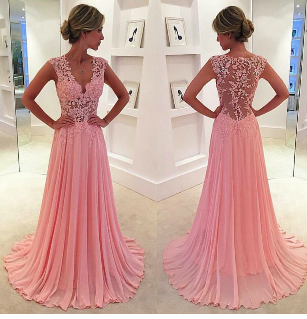 Pink Chiffon Prom Dresses Sheer Lace Applique Top V Neck Long Elegant Evening Gowns