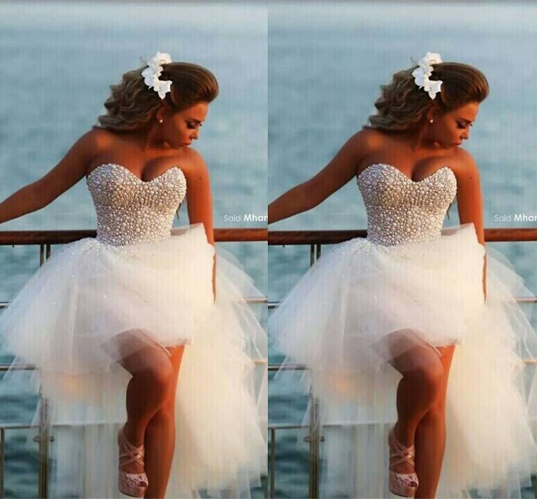 Beach Wedding Gowns Beading Pearls Hi Lo Sweetheart Ruched Ruffle Tulle Bridal Dresses