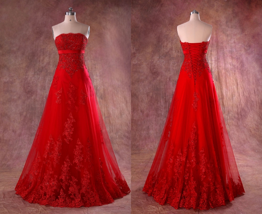 Red Lace Tulle Strapless Weddings Bridal Dresses