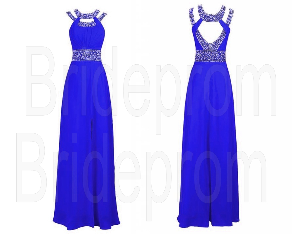 Sexy Royal Blue Beaded Empire Evening Dress Long Formal Chiffon